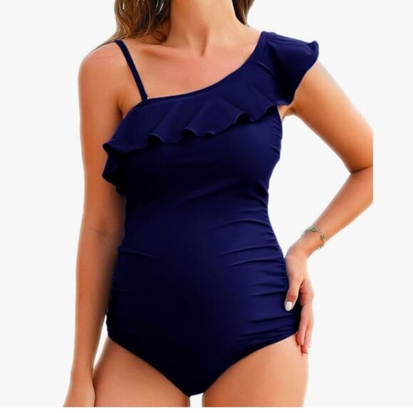 Maternity Swimwear One Shoulder Flounce One Piece, Navy Size Medium - Picture 5 of 9